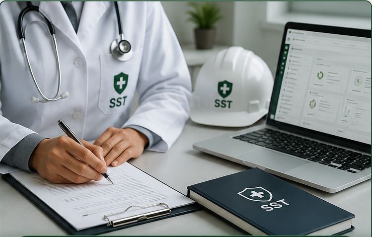 Profissional da saúde analisando documentos de Gestão SST